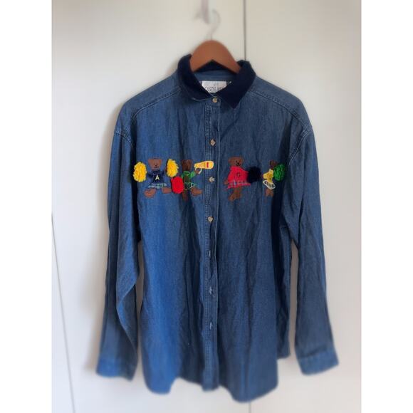 VTG 90s Denim Shirt Dark Wash Cotton Cheerleader Bears Size Large Embroidery - Picture 6 of 8